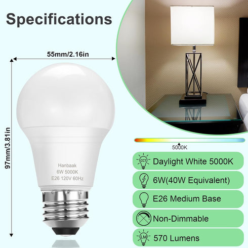 E26 LED Bulb, 40W Equivalent Light Bulb, 6W Medium Screw Base Bulb, Non-Dimmable, Daylight White 5000K 4 Packs by Hanbaak