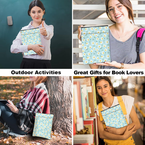 Waterproof Book Sleeve with Zipper and Front Pocket, Daisy Pattern Book Pouch for Women, Girls, Librarians, Book Lovers