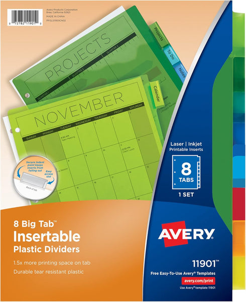 Avery Dividers for 3 Ring Binders - 8-Tab Plastic Binder Dividers, Multicolor, 24 Sets (11901)