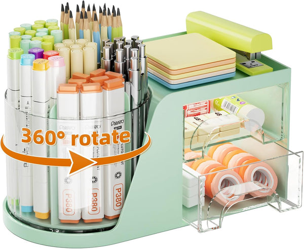 Marbrasse Desk Organizer with 2 Drawers, 360° Rotating Pen Holder, 6 Slots Pencil Organizer + 2 Drawer for Office