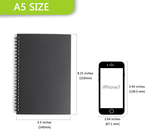 TWONE 3 Packs Soft Cover Notebook, Lined Paper, Black Spiral Notebooks, 100 Ruled Pages, 50 Sheets, 8.25 x 5.55 inch