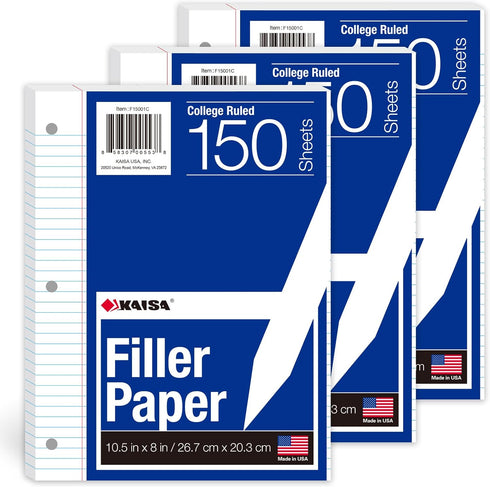 Kaisa 3 Pack Notebook Paper College Ruled, 3-Hole Punched Loose Leaf Paper 8x10.5, 150 Sheets/Pack (3 Pack-college)