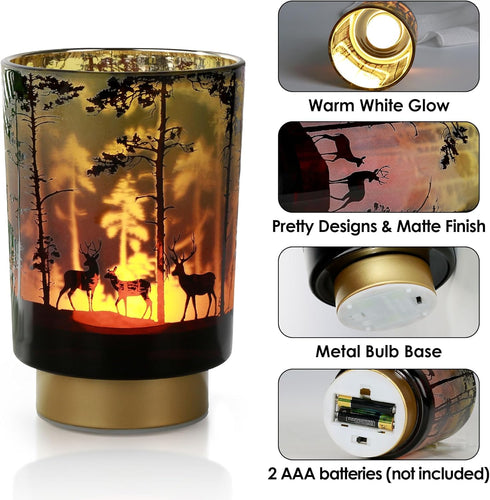 Eywamage Small Battery Operated Table Lamp, Forest Deer Mood Light with Remote, Cordless Glass Lamp