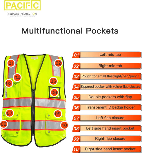 PACIFIC 10 Pockets Safety Vest for Men, ANSI Class 2, Yellow with 3M High Visibility Reflective Strips