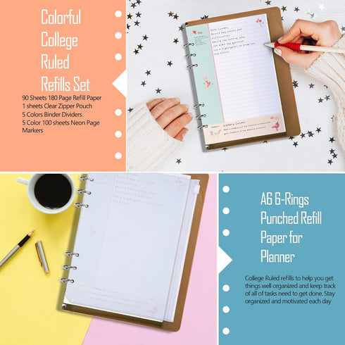Rancco A6 Planner Refill Paper, 90 Page Colorful 5R Cornell Notes with Zipper Pouch & Binder Divider