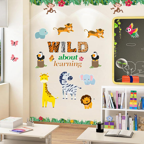 Jungle Animals Bulletin Board Decoration Set, Wild about Learning Cutouts for Kindergarten, Preschool, Elementary Decor