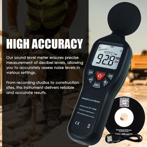 Decibel Meter Sound Level Meter with CD Software, Audio Noise Measuring Range 30 – 130 dB