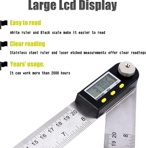 Delgada 200mm/8 Inches Digital Angle Finder Ruler - Stainless Steel Protractor for Woodworking and Construction