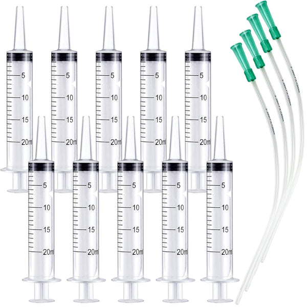 10pcs 20ml Plastic Syringes with 4pcs 13inch Tubing, Syringe for Liquid in Scientific Lab, Pet Feeding, Craft Making