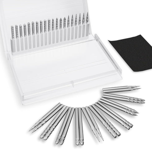 Carbide Burr Set - 20 Carbide Rotary Tool Bits, 1/8'' Shank Diameter for Engraving and Grinding