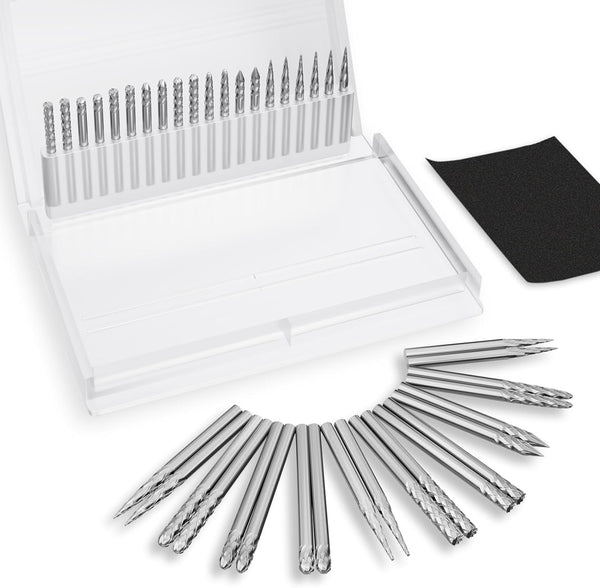Carbide Burr Set - 20 Carbide Rotary Tool Bits, 1/8'' Shank Diameter for Engraving and Grinding