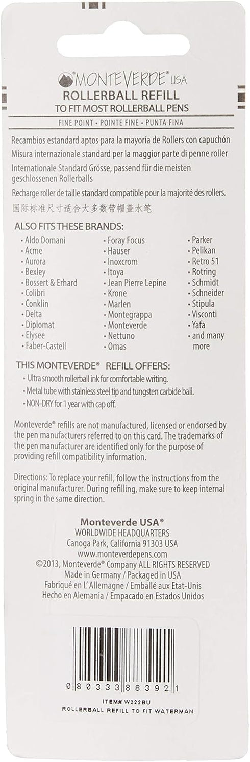 Monteverde Rollerball Refill, Fine Point, Blue - 2 per Pack, Fits Waterman Rollerball Pens (W222BU)