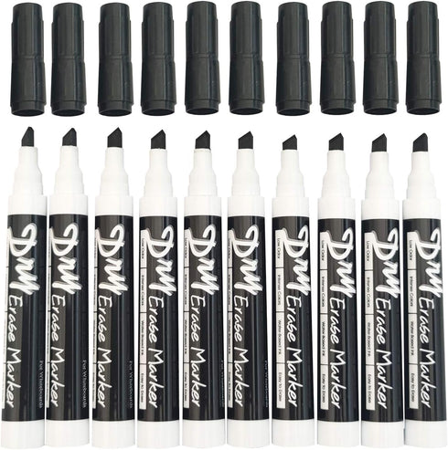 Volcanics Black Dry Erase Markers, Low Odor, Chisel Tip, Pack of 10