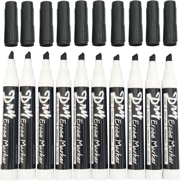 Volcanics Black Dry Erase Markers, Low Odor, Chisel Tip, Pack of 10