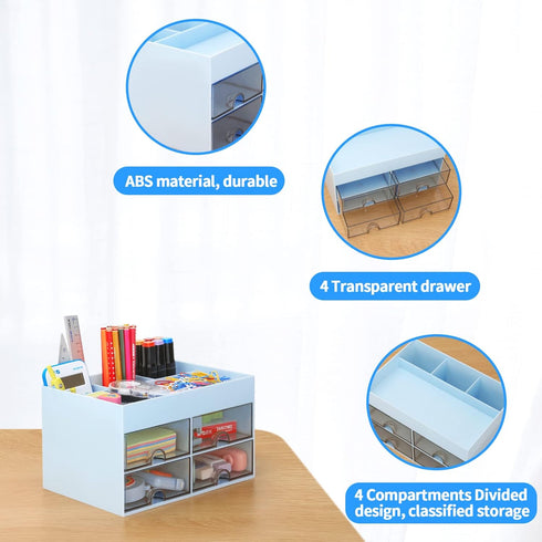 LETURE Desk Organizer with Drawer, Blue Desktop Accessories Caddy for Pens, Business Cards, and Paperclips