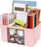 Pink Plastic Pen Organizer, Multifunctional Desktop Organizer with 2 Drawers and 4 Compartments