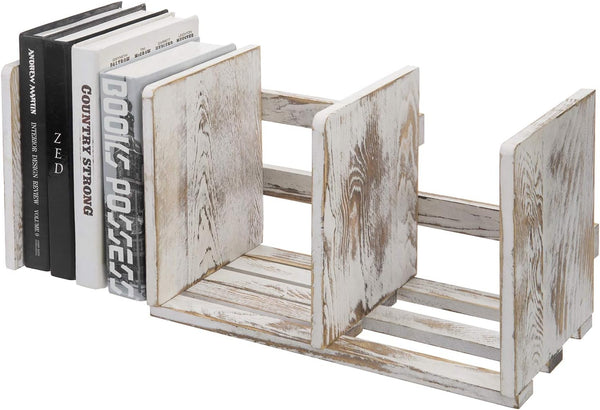MyGift Rustic Whitewashed Wood Expandable Desktop Bookshelf/Adjustable Tabletop Organizer Rack