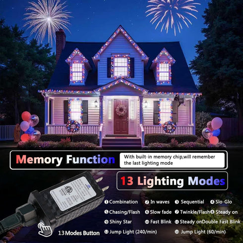 4th 200 66FT 13 4th of July Red White and Blue Lights, Connectable LED String Lights Plug in, Modes July Twinkle Lights