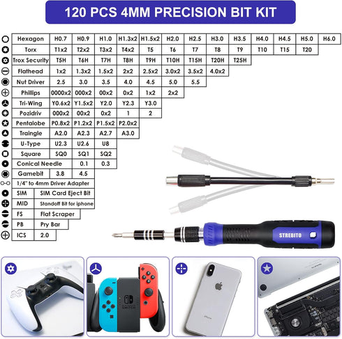 Set 191-Piece 1/4 Inch PS4, STREBITO Precision Screwdriver Multi-Bit Screwdriver Nut Driver Home Improvement Tool