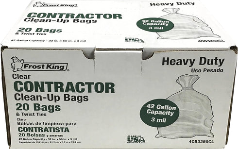 CB3250 32 inch 50 inch 3 20 Frost King Boxed Heavy Duty Contractor Clean-Up Bags, x x Mil., Bags, Clear