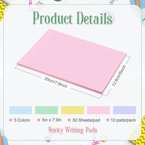 TaoBary 10 Pack Lined Sticky Notes, 500 Sheets (50/Pad), 5 x 8 Inch Colorful Self Stick Notes for Office Home Supplies