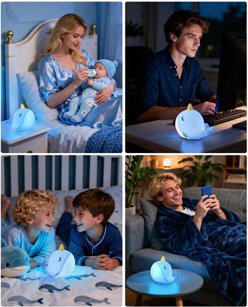 30-Min Fuloon Narwhal Night Light with Whale Shape, Squishy Silicone Kids Lamp, Safe & Soothing Touch Control for Kids