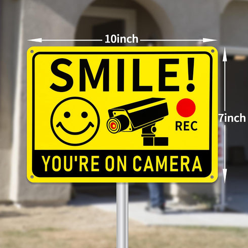 2 Pack 10"x7" Smile You're on Camera Signs Video Surveillance Signs Outdoor, Rust-Free Aluminum Warning Sign, UV