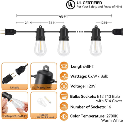 Adirxon 48FT Dimmable S14 Bulbs IP44 Commercial LED Outdoor String Lights Shatterproof Edison Weatherproof Grade
