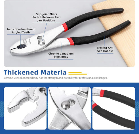 Glarks Slip Joint Pliers 6 Inch, 8 Inch, and 10 Inch, Chrome Vanadium Steel Body with Non-Slip Handle