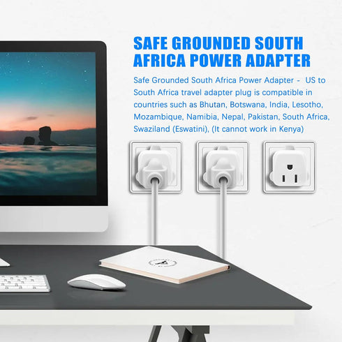 South Africa Travel Plug Adapter, 3 Prong Safe Grounded USA to Type M for Botswana, Nepal, Pakistan, Namibia, White