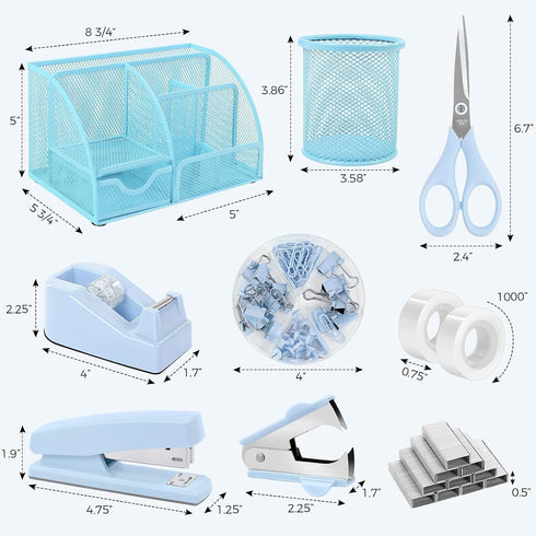 Set, 1000pcs SKYDUE Blue Office Supplies Office Desk Accessories, Mesh Desk Organizer, Stapler, Tape Dispenser