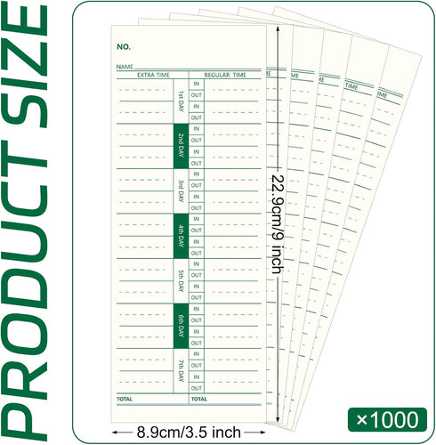 Chuangdi 1000 1 3.5 9 Inches Pieces Time Cards Side Time Clock Cards x Green Print Time Sheets for Employees Weekly