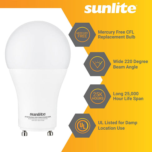 Sunlite A19 GU24 Dimmable Light Bulb, 9 Watts (60W Equivalent), 800 Lumens, 4000K Cool White, 2 Prong LED Base, 1 Pack