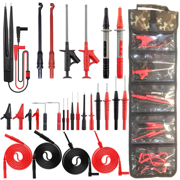28PCS Multimeter Test Leads Kit with 6 Pockets Roll Up Tool Bag, Alligator Clips, Test Hook Clips, Test Tweezer for