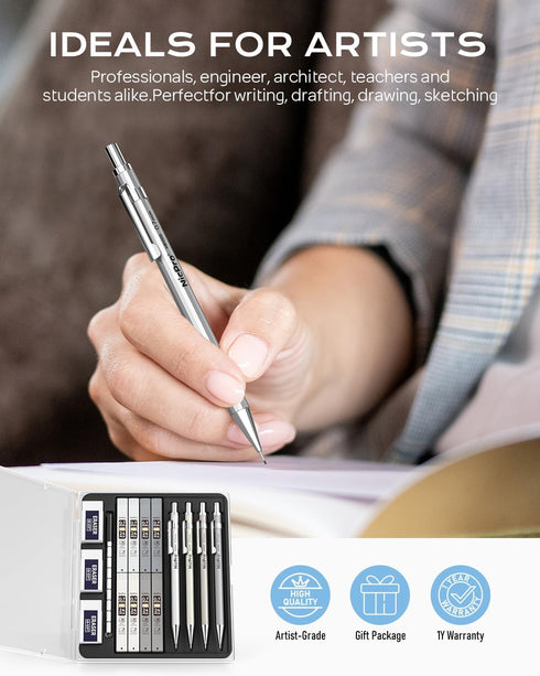 Nicpro 0.7mm Mechanical Pencil Set, 4 Pack with Case and 8 Tube HB #2 Lead Refill
