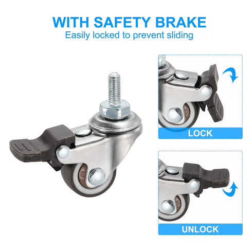 1 Inch 4 Pack 360 M6 15 mm 99 Lbs PATIKIL Mini Stem Casters Wheel with Brake, Low Profile TPR Threaded Swivel Wheel