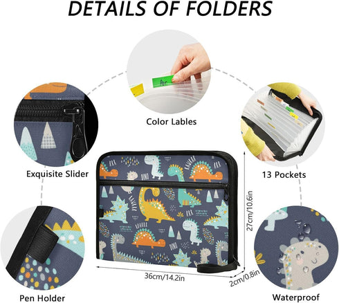 Cute Dinosaur Expanding File Folder with Sticky Labels, 13 Pocket Dark Blue Kids Accordion File Folder Document