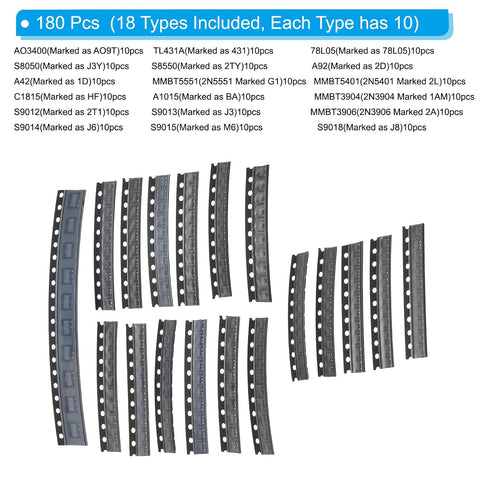 PATIKIL Surface Mounted Devices Power Transistor Assortment Kit, 180pcs 18Types Electronic Component for General Purpose Switching Applications