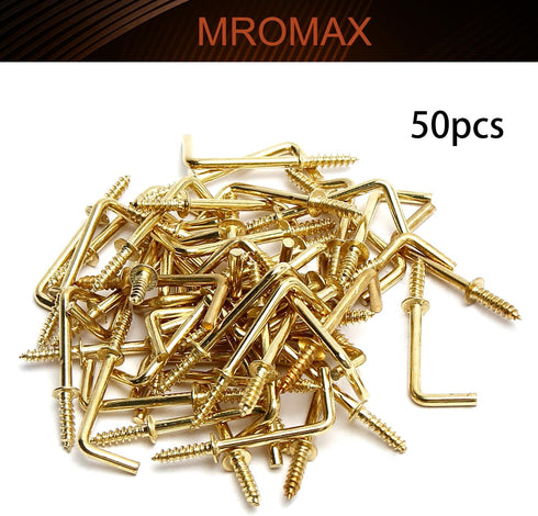 MroMax 1" 50Pcs Gold Screw in Hooks, L Shape Carbon Steel Right Angle Hooks