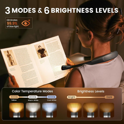 3-Color 6-Brightness 80-hr Glocusent Book Light, & Reading Light, Bendable Neck Light, Lasting Rechargeable Book Light
