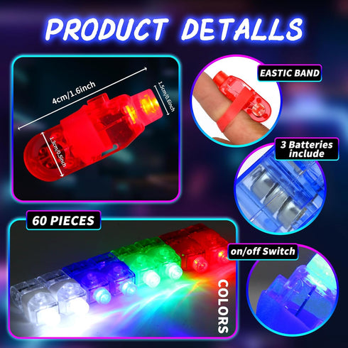 VETE 60Pcs LED Finger Lights Flashlights for Kids Glow Party Favors Birthday Christmas Halloween Supplies