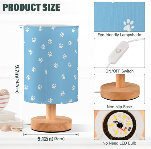 CTYSHTDL Bedside Lamp Cat Paw Dog Blue Print Table Lamp for Bedroom LED Nightstand Lamp Shade USB Ports Wood Base