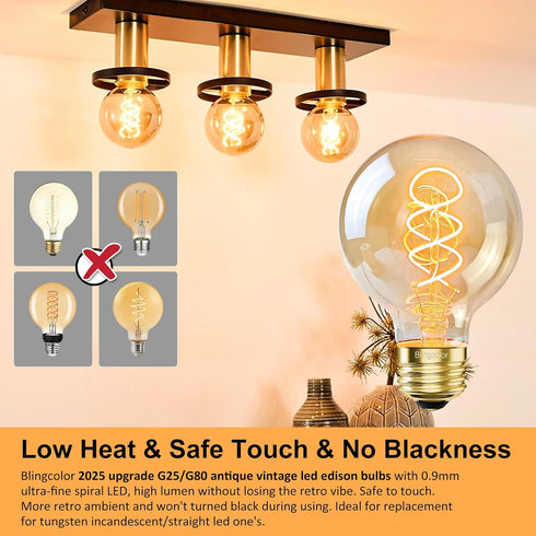 Dimmable Bulbs 60W E26 G25/G80 6W 2200K Bulb, 2 PACK Bulbs Globe LED Vintage Edison Light Equivalent, Base LED Amber