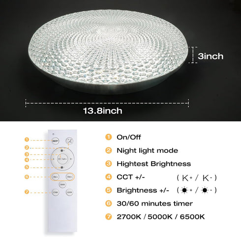 2700K-6500K 36W 3600LM 13.78 Inch Dimmable OOWOLF Flush Mount LED Ceiling Light Fixture, Super Bright Warm/White Light