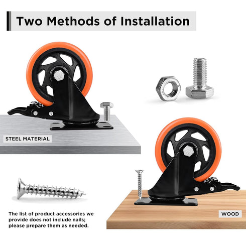 4 Inch Caster Wheel, Heavy Duty Caster, Locking Swivel Caster Wheel for Cart, Furniture and Workbench, Orange
