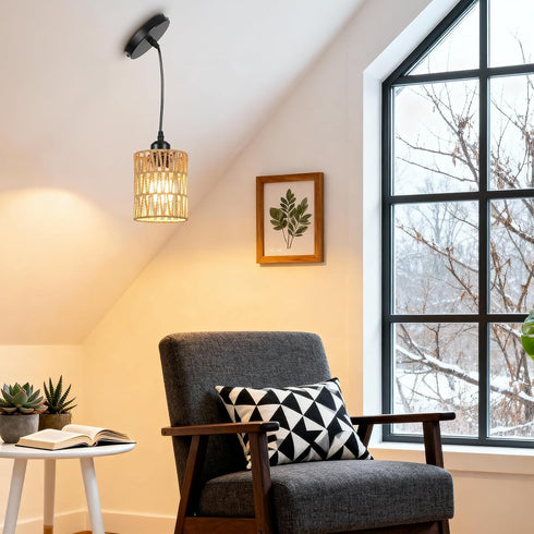 Genyzlux Island,4.7" E26 Rattan Pendant Light Kitchen Mini Wicker Pendant Light, Premium Dried Rattan, Adjustable Hand