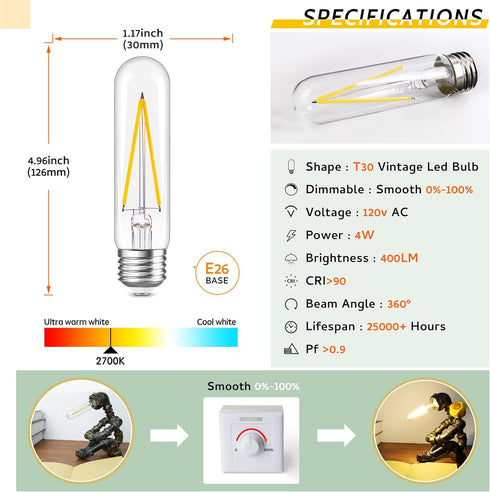Dimmable Tubular Led Bulb E26 led Light Bulb,T10 T30 Vintage LED Bulbs, 40 watt Equal 4W, 2700K Warm White light Edison Lights Bulbs, AC120V, 400lm, for Chandelier Pendant Lights- 2 pack by Sphoon