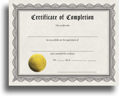 Certificate of Completion Paper, 30 Pack, Embossed Gold Foil Seals, 8.5" x 11"