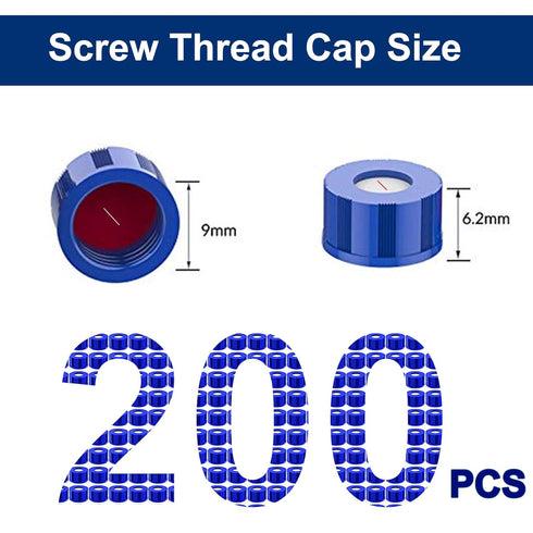 200PCS 2ml HPLC Autosampler Vial Caps 9mm Blue 9-425 Ribbed Screw Caps with Red PTFE&White Silicone Liner, Pre-Slit
