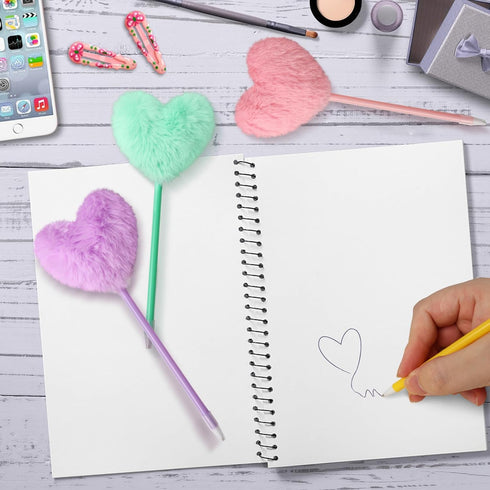 Pom Pom Ballpoint Pen, 4 Pack, Heart Shape Puffy Pens, Colorful Fuzzy Pens for School, Office, and Party Supplies